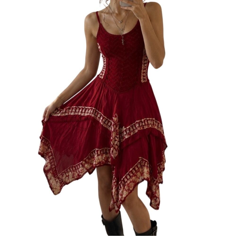 Whimsigoth Fairy Grunge Asymmetric Dress Red Smocked Back Renaissance Festival